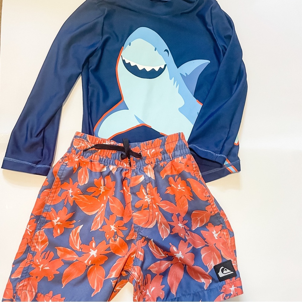 🏷️ Quicksilver Hawaiian Board Shorts & Carter’s Shark Rash Guard